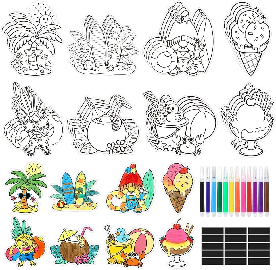 32 PCS Summer Crafts Bulk Fridge Magnet Kit, Paint Your Own Summer Beach Fruit Ice Cream DIY Include 32 Magnet 24 Paint Pens Vacation Camp Party Fun Gifts Classroom School Activities