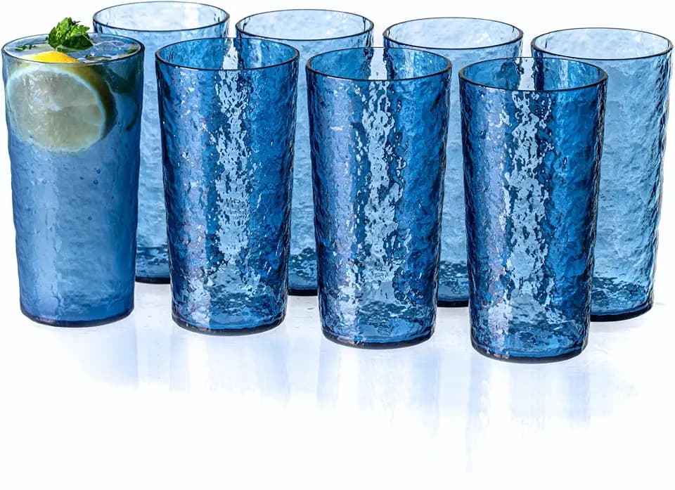 18oz Acrylic Glasses Drinkware (Set of 8), Ice-carved Design Shatter-Proof Plastic Cups, Reusable Plastic Drinking Tumblers, BPA-Free, Dishwasher-Safe (Blue)