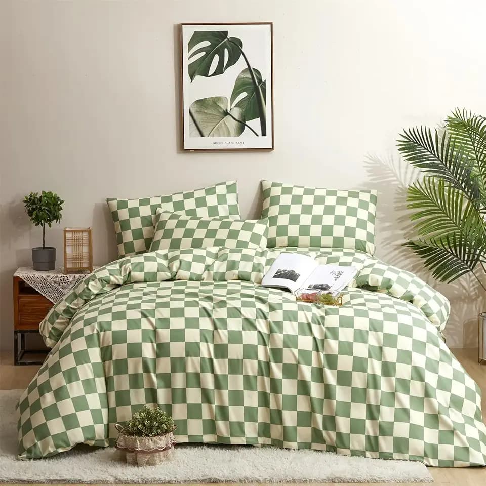 Houseri Plaid Green and White Duvet Cover Queen Size for Girls Boys - Sage Green Grid Buffalo Checkered Bedding Set - Full/Queen Light Green and Beige
