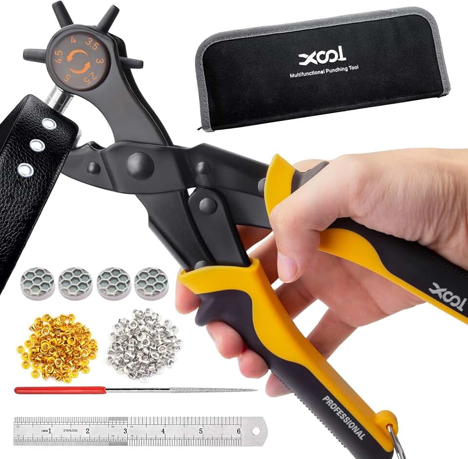 XOOL 2 in 1 Leather Hole Punch Eyelet Tool Kit, 3/16" 4.5mm Metal Eyelets for Fabric, Hole Puncher, Eyelet Pliers for Shoes Leather Clothes Belt