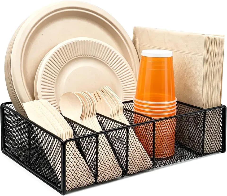 Dysanvica Metal Paper Plate Holder - Utensil Silverware Caddy for Kitchen Counter Cabinet Cutlery Flatware Organizer Storage Dispenser Box for Plastic Spoon Fork Plates Napkins Cup Party Camping Black