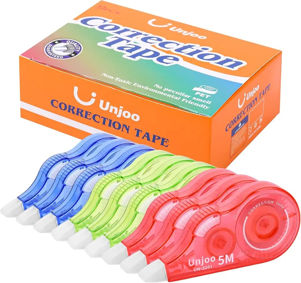 Unjoo White Correction Tape (9pack, 5M/196"x0.2", Redx3, Greenx3, Bluex3)