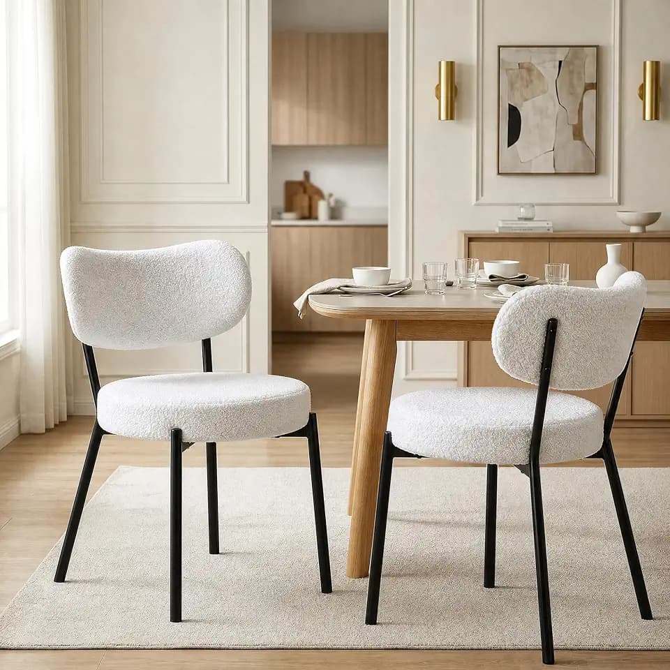 VECELO Boucle Round Back Dining Chairs Set of 2, Sturdy Metal Frame, White