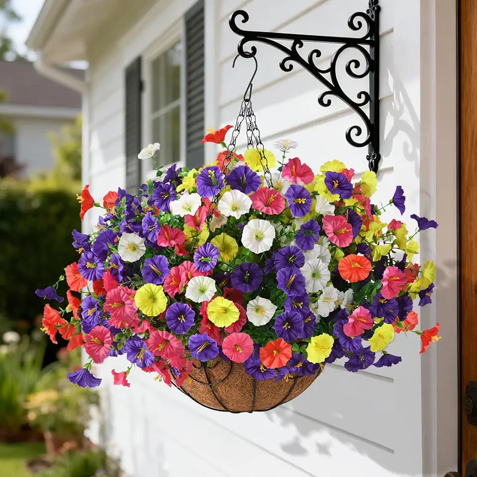 Homsunny Artificial Hanging Flowers Plants with Basket for Outdoors - Fake Petunias Flowers Fake Silk Morning Glory Planter for Outside Porch Patio Balcony Garden Spring Summer Decor(Color Blending)