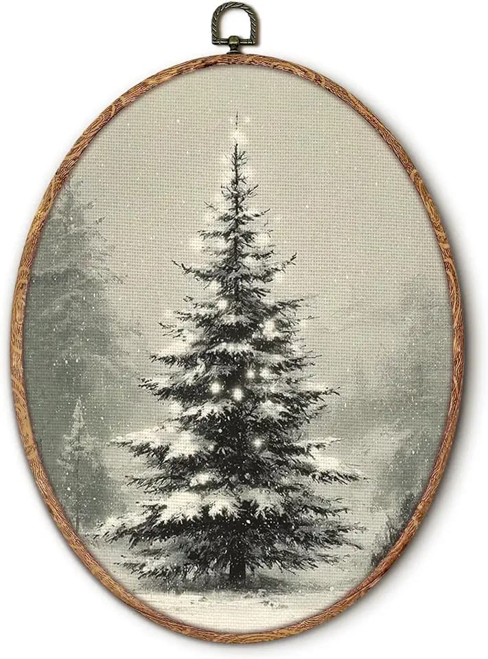Hxlac Rustic Christmas Tree Oval Wall Art Framed, Winter Snowy Landscape Oval Wall Decor, Cottagecore Christmas Winter Hanging Canvas Prints Wall Sculptures for Farmhouse Home Decor, 8.5x11.5 Inch