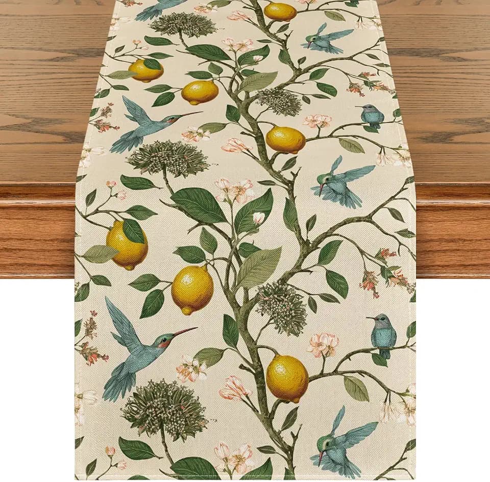 Artoid Mode Brown Lemon Tree Bird Flower Summer Table Runner,Spring Kitchen Dining Table Decoration for Home Party Decor 13x72 Inch