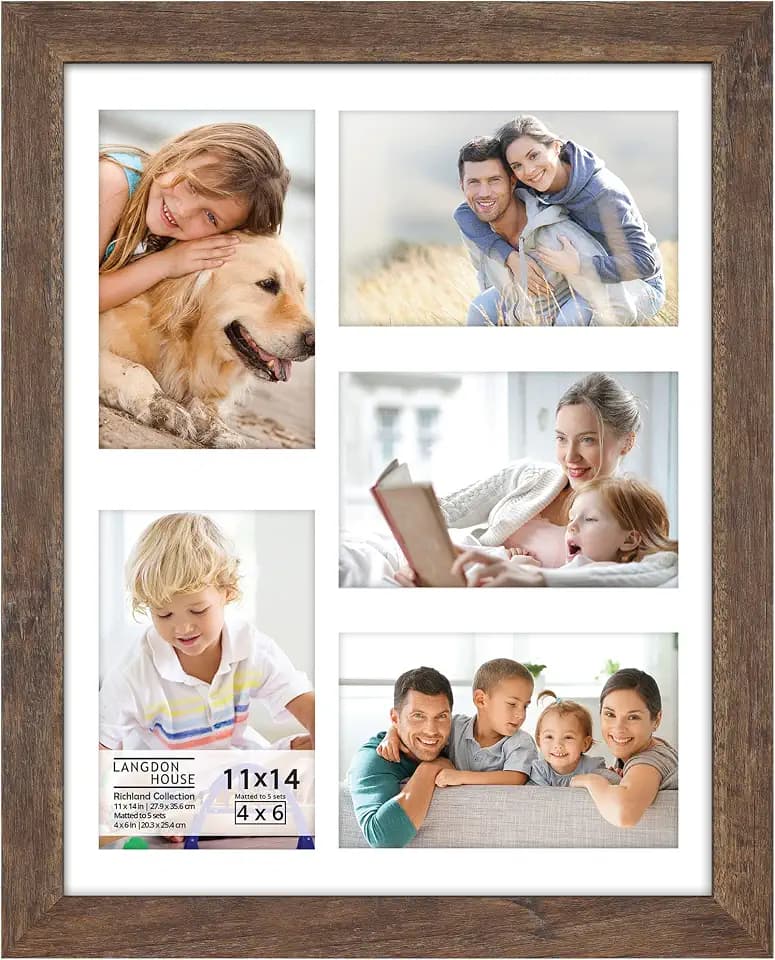 Langdon House 11x14 Rustic Brown Collage Picture Frame w/Mat for 5-4x6 Photos, Woodgrain Style, Wall Mount Only, Richland Collection