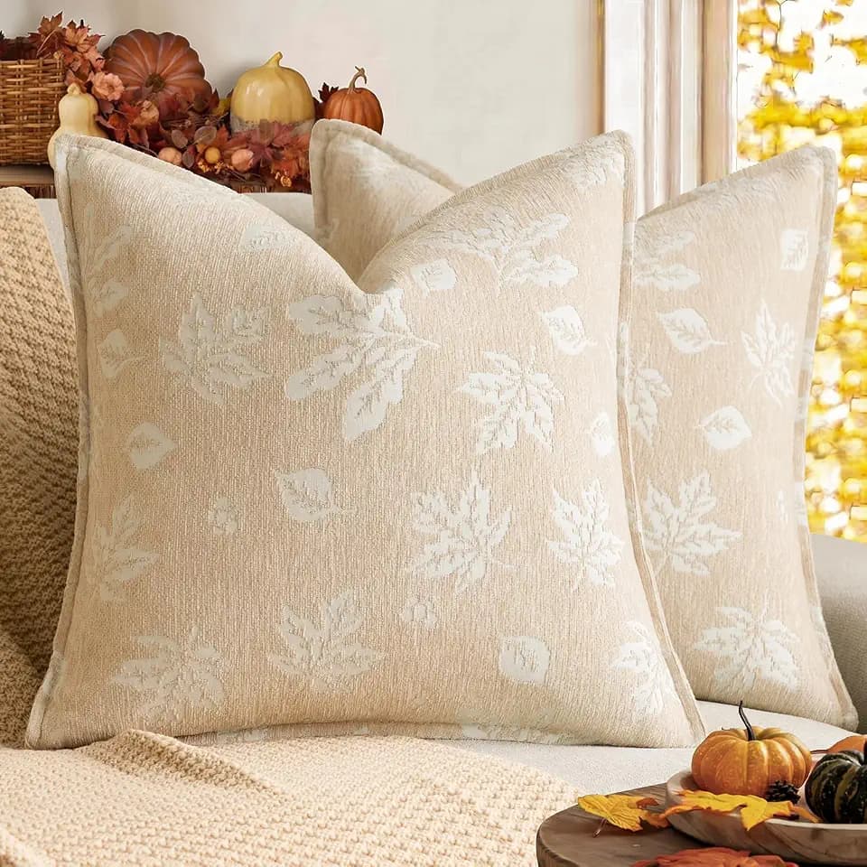 Foindtower Decorative Fall Chenille Throw Pillow Covers 18×18 Ivory White