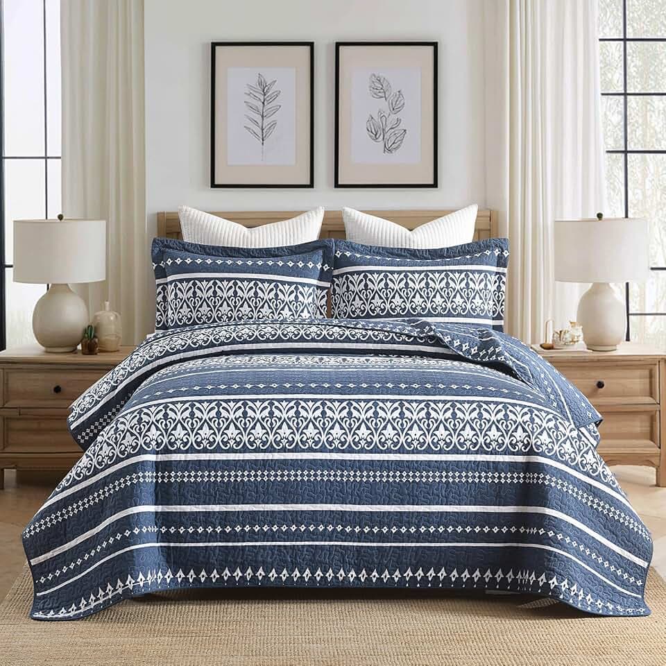Blue Quilt Queen - Floral Queen Quilt Set - 100% Cotton Boho Bedspread