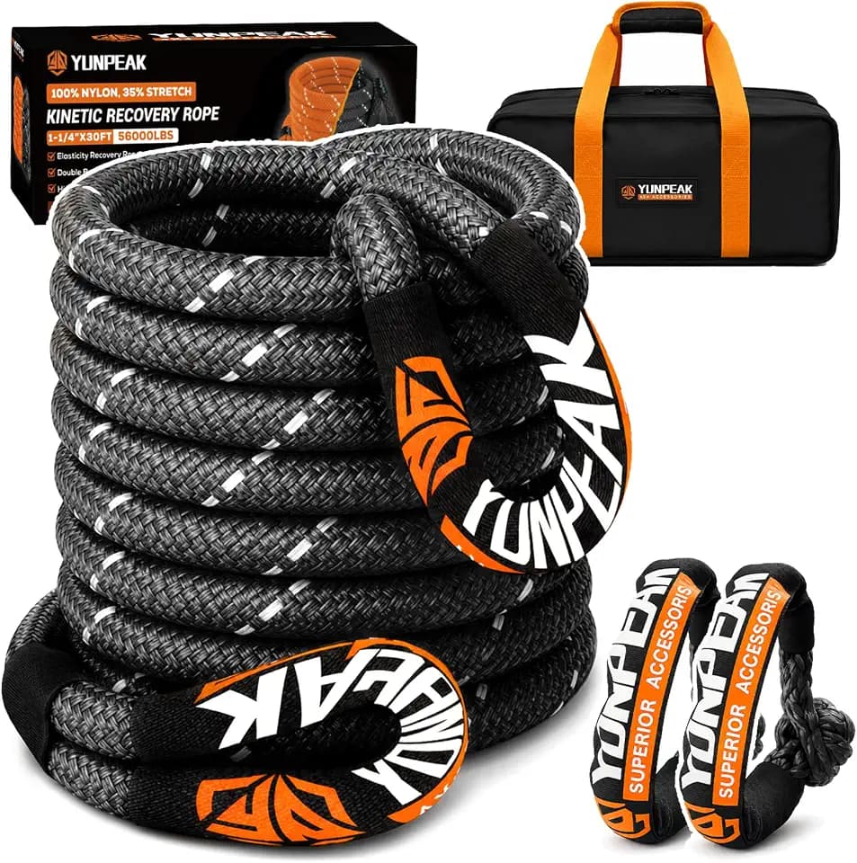 Kinetisches Abschleppseil (25,4 kg), Robustes Offroad-Wiederherstellungsseil mit 2 weichen UHMWPE-Schäkeln (25,4 kg), Abschleppseil-Set für LKW, SUV, UTV, ATV, Traktor, Auto, Jeep, Schwarz,