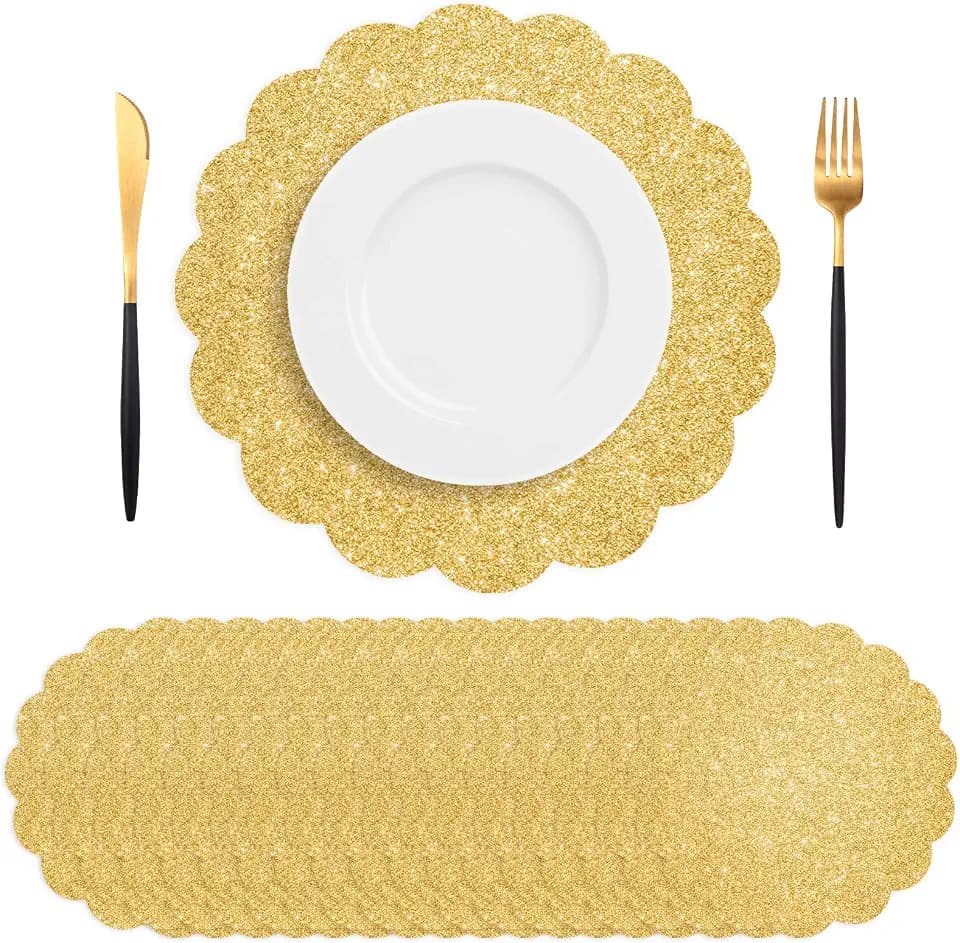 50 PCS Gold Glitter Paper Placemats, Paper Placemats Disposable, 13.5" Scalloped Sparkling Placemat, for Birthday Summer Wedding Holiday Party Home Dining Tableware