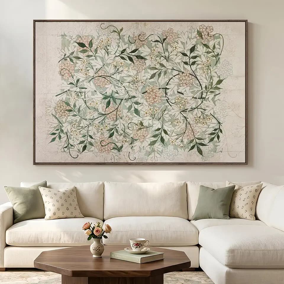 Extra Large Framed Sage Green Botanical Wall Art for Living Room, 72x48 In