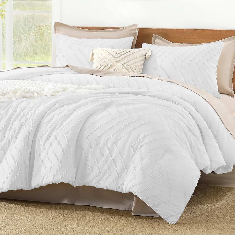 Litanika White Super King Comforter Set, 3 Pcs Boho Tufted Bedding Set