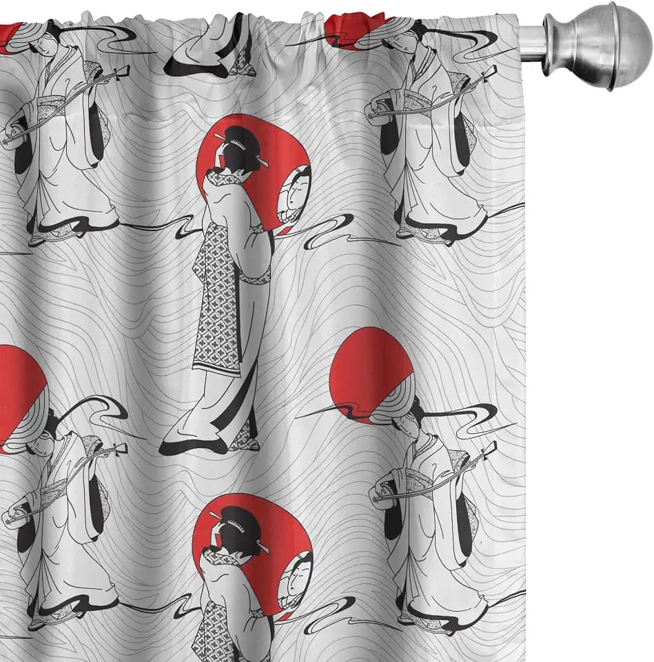 Ambesonne East Curtains, Japanese Geisha Girl with Traditional Style Kimono Folk Culture Illustration, Window Treatments 2 Panel Set for Living Room Bedroom, Pair of - 28" x 63", Black Red