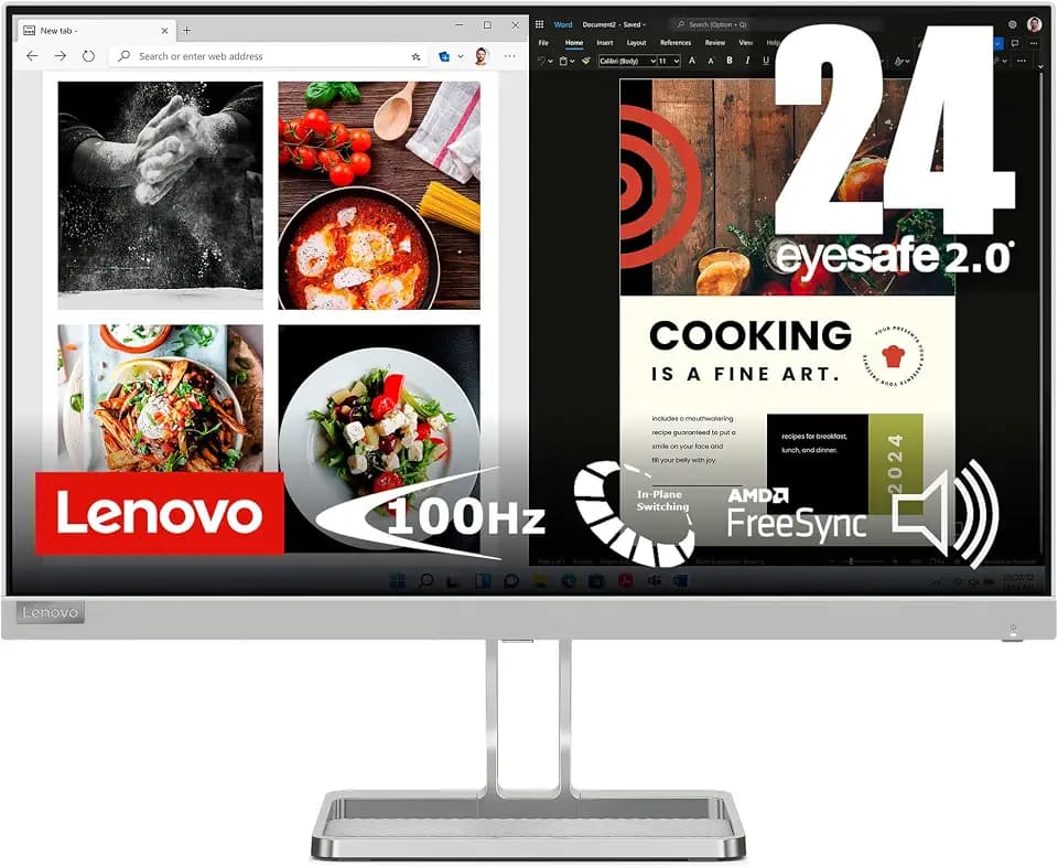 Lenovo L24i-40 | 23,8" Full HD Monitor | 1920x1080 | 100Hz | 250 nits | 4ms Reaktionszeit | HDMI | VGA | AMD FreeSync | grau
