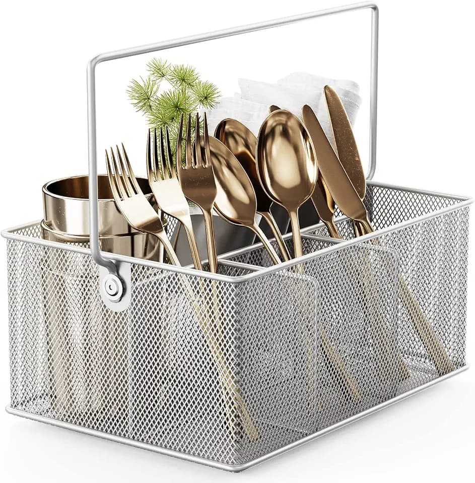 FURNINXS Utensil Caddy, Cutlery Silverware Caddy with 4 Compartments, Mesh Flatware Holder Organizer Perfect for Home, Kitchen, Countertop, Party, Camping, Outdoor and Restaurant (Silver)