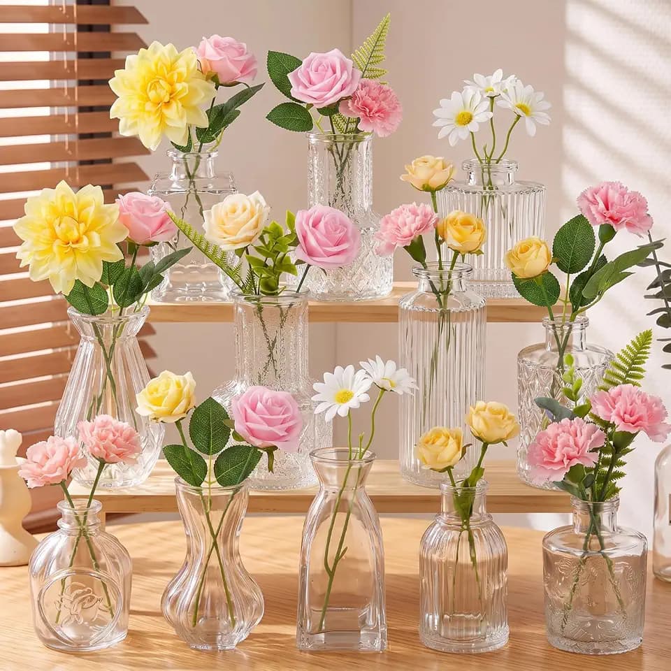 36 Pcs Flowers Table Centerpiece with Vases, Warm Tone, Clear