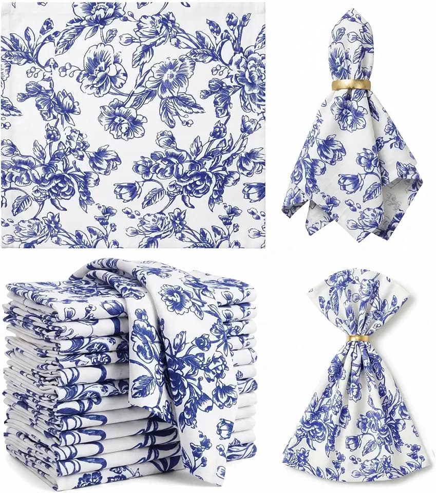 Mindsoft 12 Pack Blue and White Floral Cloth Napkins 18x18 Inch