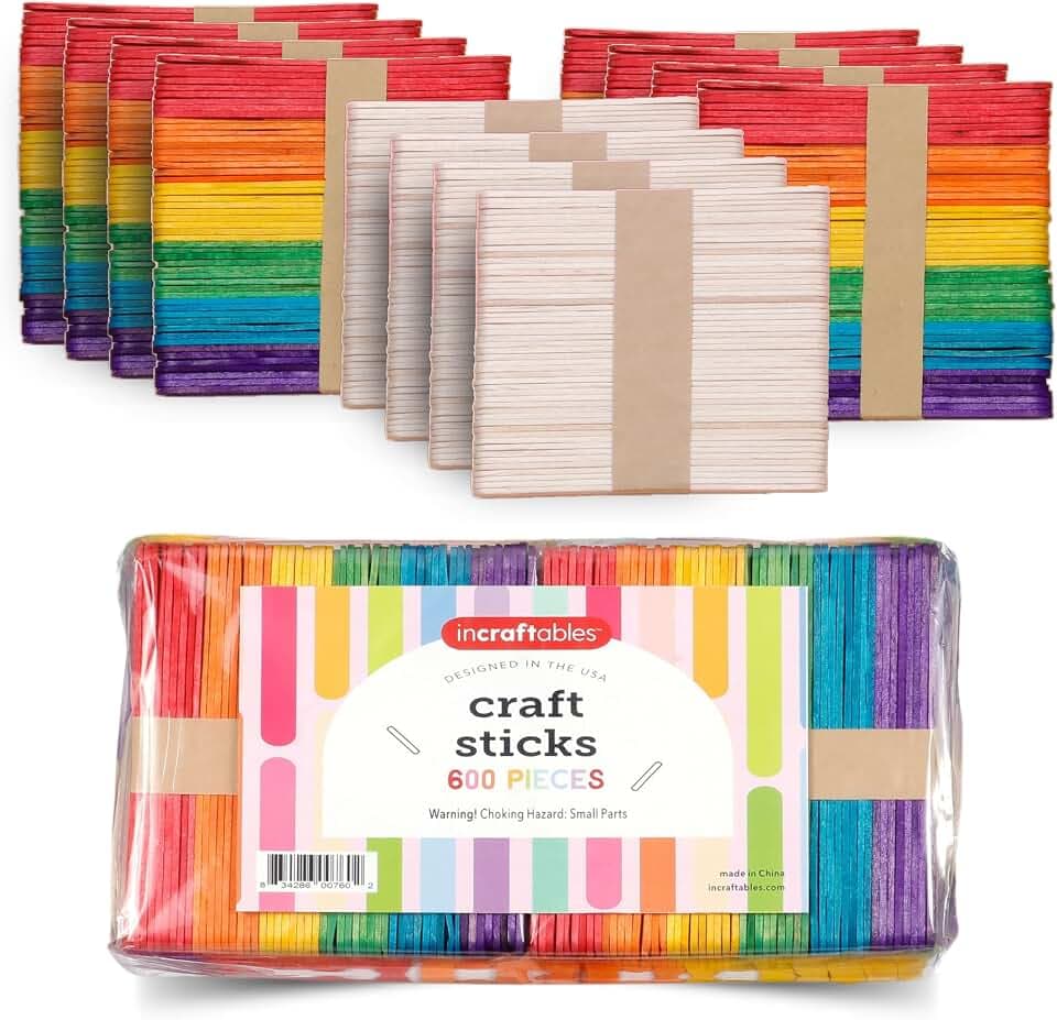 Jumbo Colored Wooden Popsicle Craft Sticks – 600 Pieces, 7 Colors, Bulk