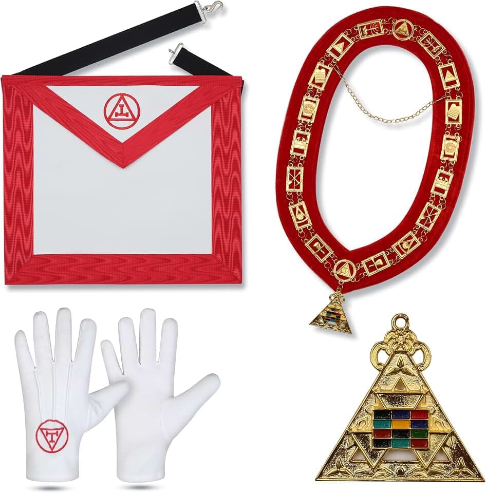 SialkotCrafts Masonic Regalia Royal Arch Leather Apron Set Machine Embroidered Apron Chain Collar Gloves With jewel