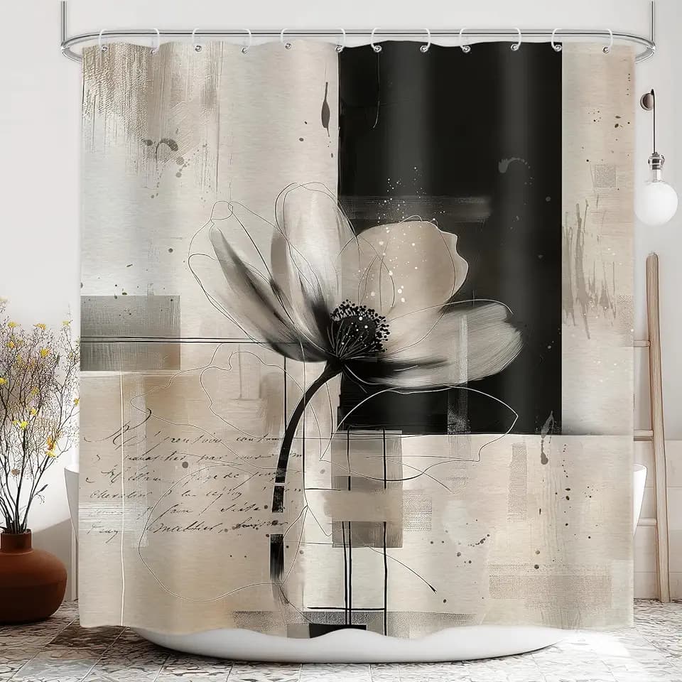 Abstract Flower Shower Curtain 72x72 Black Tan Bathroom Decor