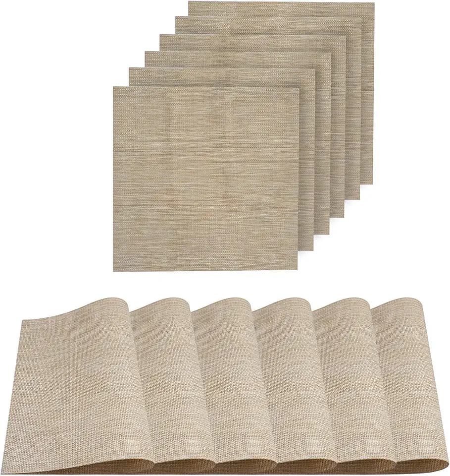 Dainty Home 6NS1515IV Natural Woven Textilene Waterproof, Heat & Stain Resistant Washable Placemat with Shimmer Square Shape 15x15'' Set of 6, Ivory