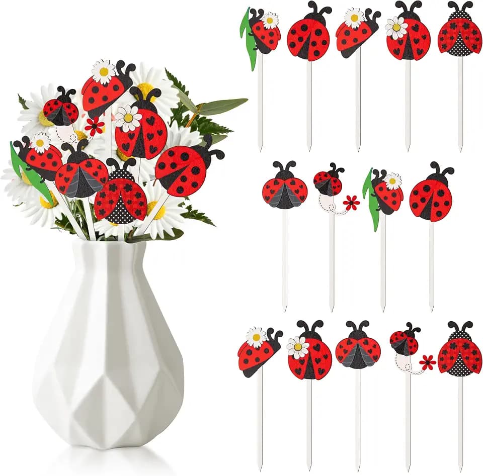 TICIAGA Summer Ladybug Wooden Picks - 14PCS Cute Ladybug Insect Double-Sided Wooden Decorative Picks for Home Vase Filler, Farmhouse Garden Theme Floral Pick for Summer Party Spring Holiday Supplies