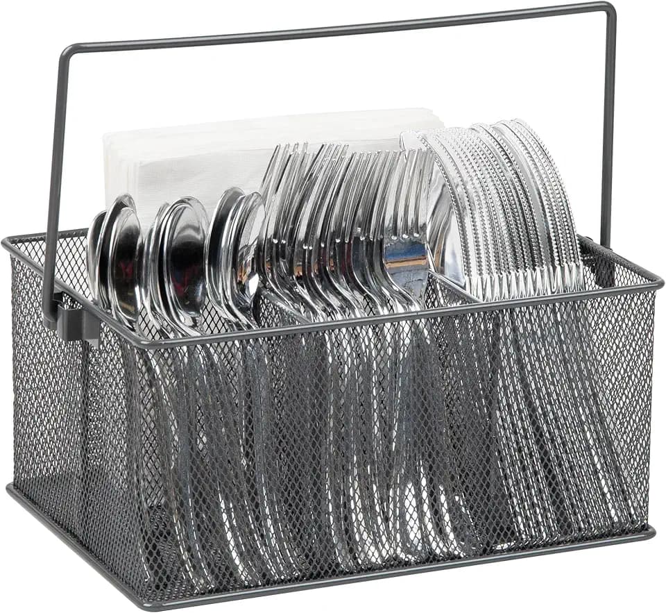 Mind Reader Multi-purpose Storage Caddy with Handle, Desktop Organizer, Cutlery Holder, 4 Compartments, Metal Mesh, Gray