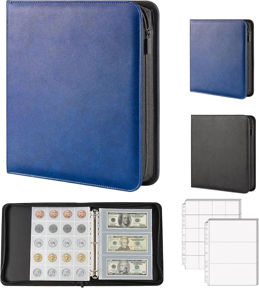Lonamos Coin & Currency Collecting Album, 320 Slots +72 Sleeves, Blue