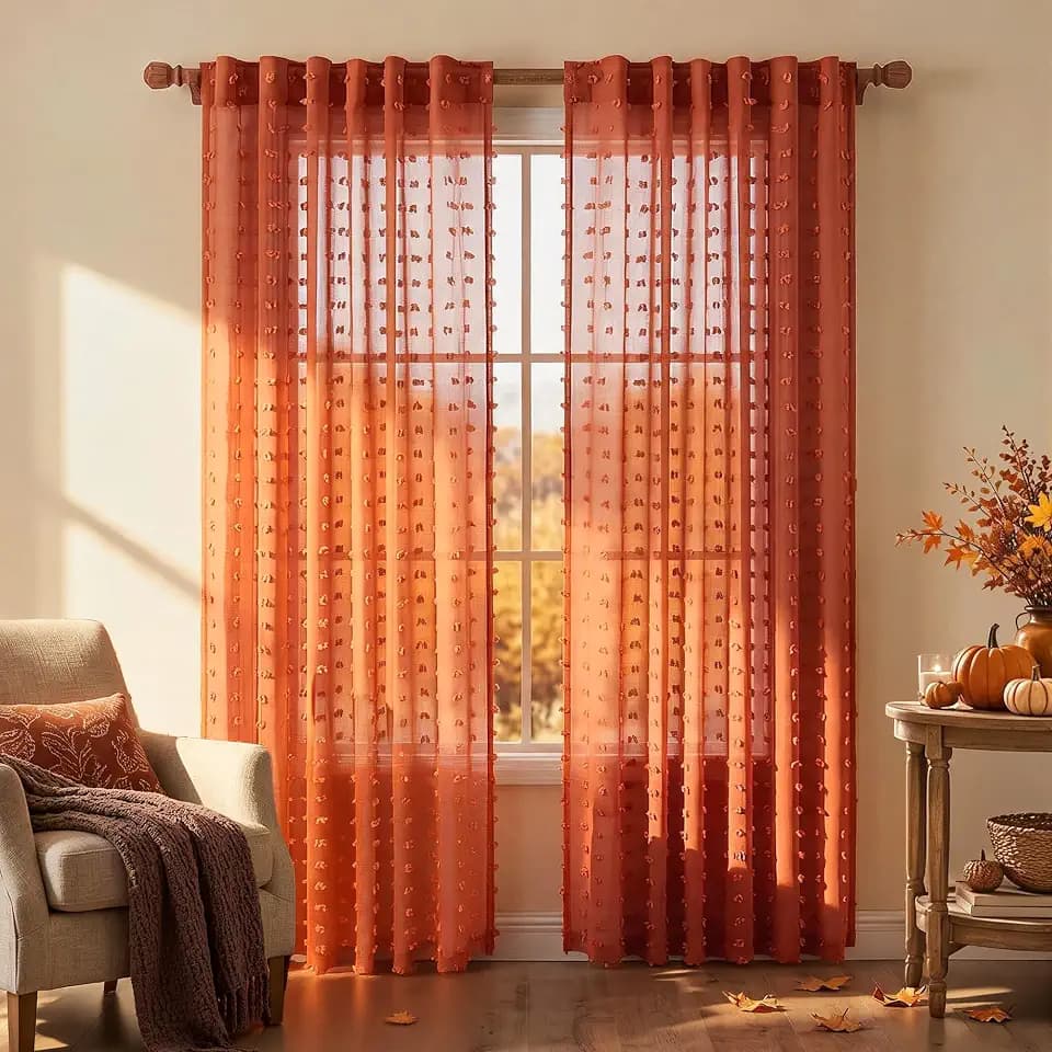 KOUFALL Terracotta Curtains 90 Inches Long, Boho Pom Pom Textured Semi Privacy Fall Sheer Curtains 2 Panels Set for Living Room Bedroom, Rust Orange