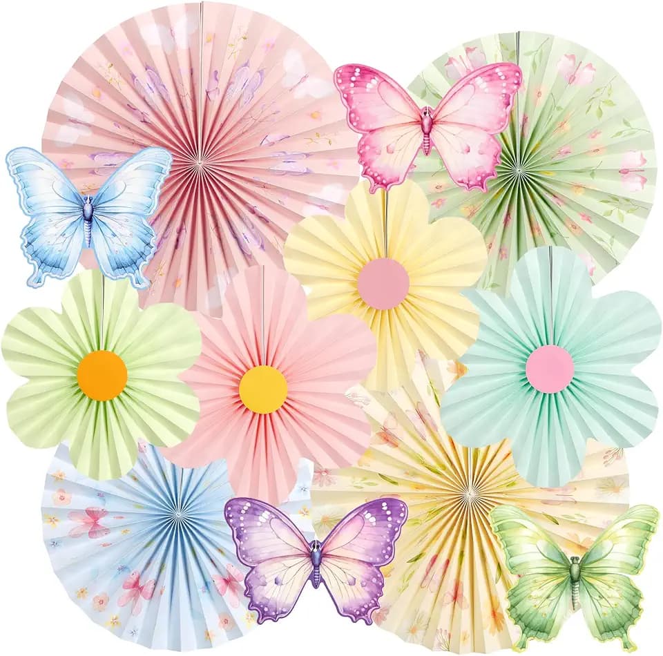 Butterfly Flower Paper Fan,Pastel Party Decoration for Garden,Spring Paper Fans Floral Decorations for Wall Hanging Flower Decor Fairy Birthday Decorations Garland Backdrop for Tea Party Baby Shower.