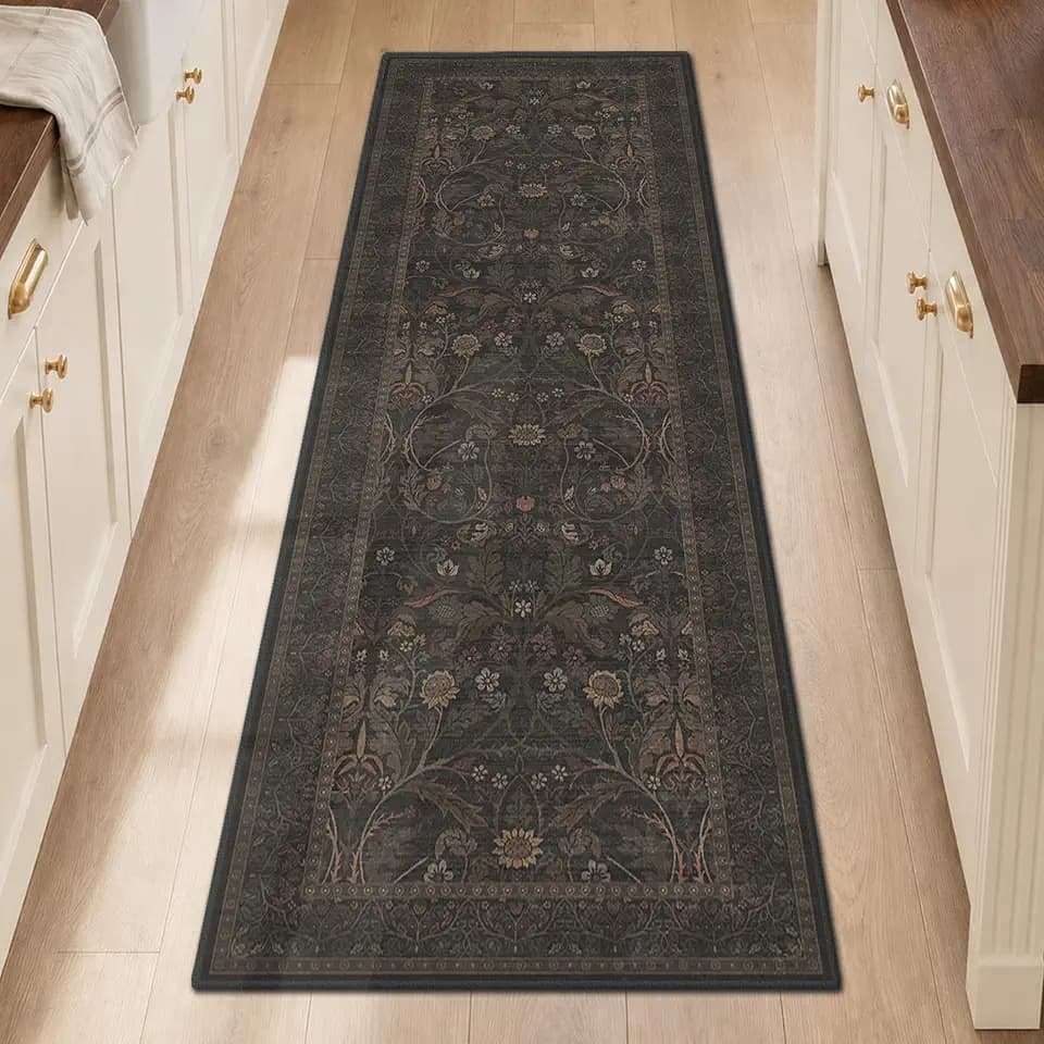 Washable 2x6 Kitchen Runner Rugs Non Slip - Dark Brown Hallway Runner Rug, Farmhouse Non Slip Floral Botanical Bathroom Mats, Southwestern Cabin Bedroom, Hall Way Low Pile Carpet