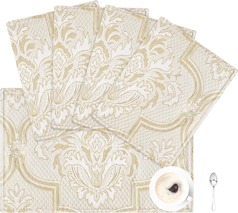 Loom and Mill Luxury Damask Placemats Set of 4, Beige Gold, 12x18 inch