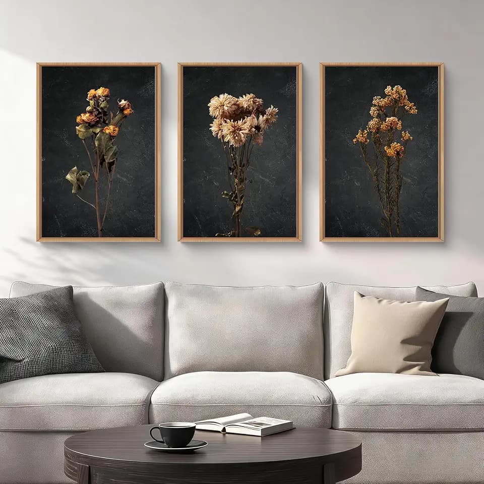 HOURIA Dark Moody Dried Floral Framed Canvas Wall Art Set- 16"x24"x3