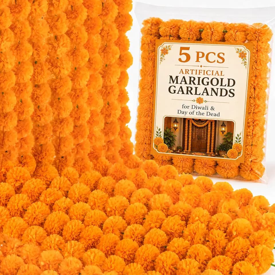 RAINFLOW 5PCS Artificial Marigold Garland - Light Orange Garlands for Decor