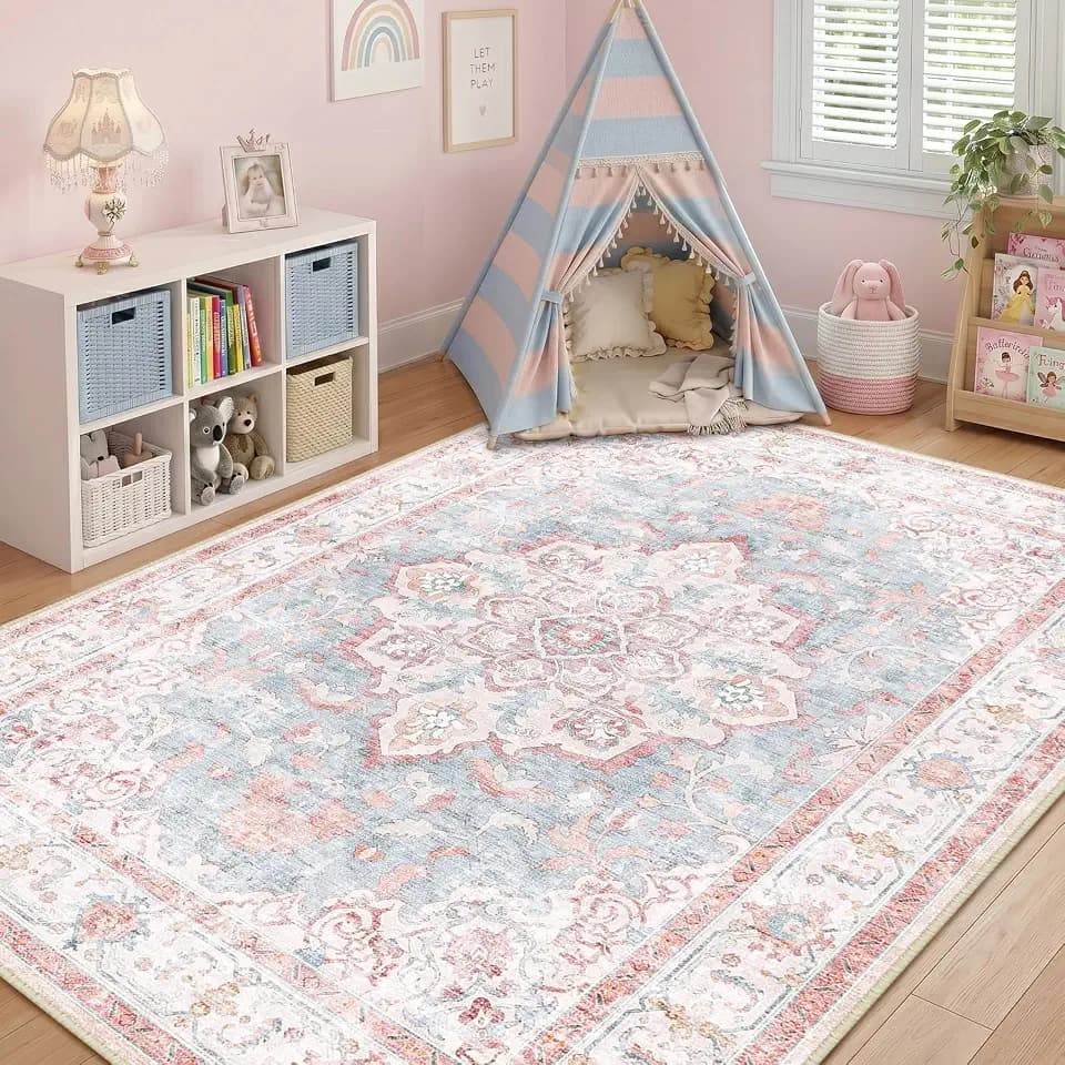 CAPALOCA 5x7 Washable Nursery Girls Low Pile Area Rug Pink Blue