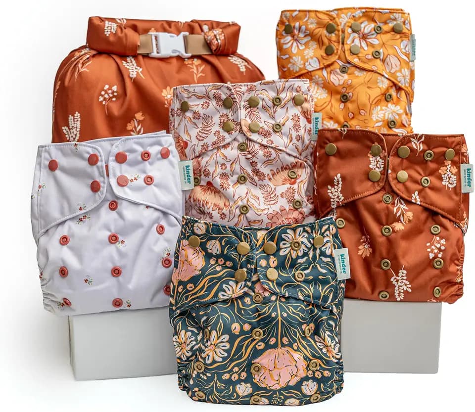 Kinder Cloth Diapers Reusable Baby Diapers Pocket Style Athletic Wicking Jersey, Wet Bag, Newborn to Potty Training 7-60lbs, One Size, Inserts NOT Included (Boho Florals, 5 Pack, Without Inserts)
