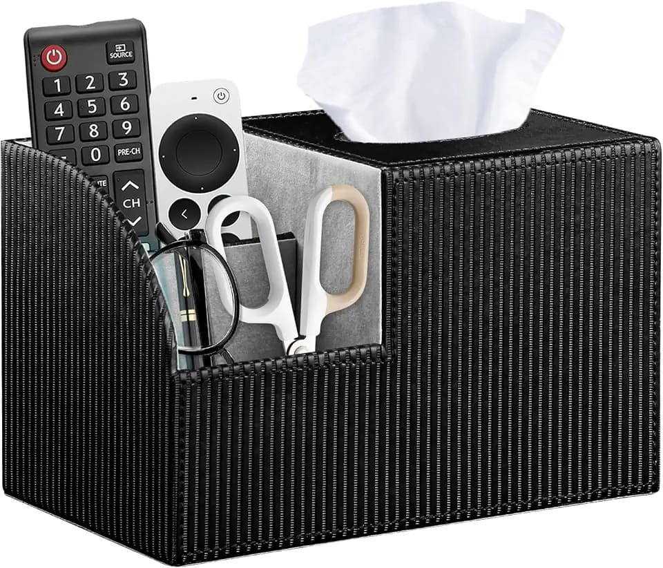 Square Tissue Box Cover with Storage, PU Leather Facial Cube Tissue Holder