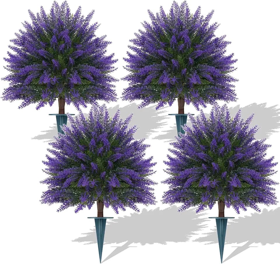 Yangrass 24" Set of 4 Artificial Lavender Topiary Bushes with Ground Spike