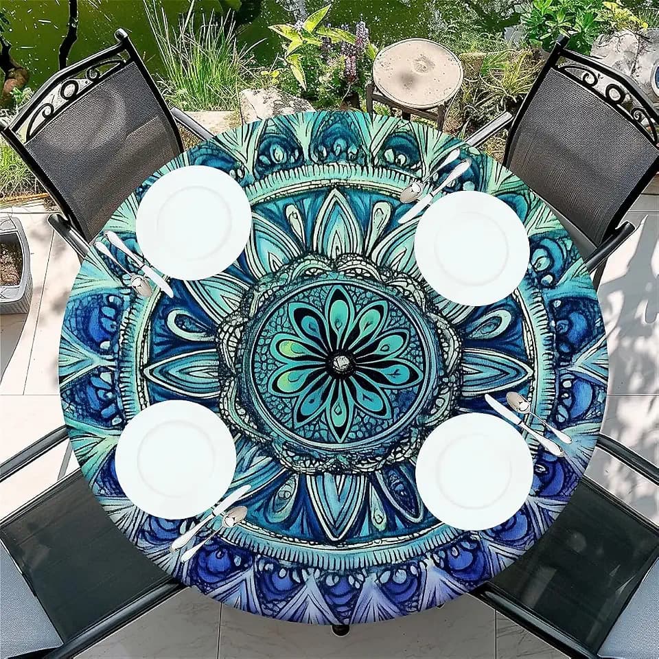 Round Table Cover for Round Tables 36"-70", Fitted Tablecloth with Elastic for Indoor Outdoor Party Holiday, 60inch, Mandala in Blue and Green