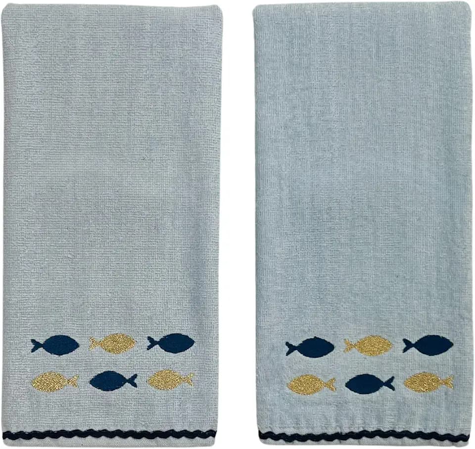 Serafina Home Nautical Hand Towels Set, Light Blue, Fish Embroidery, 16 x 25 inches, 2 Piece