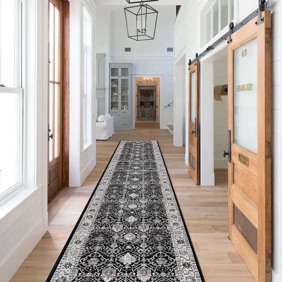 Hallway Washable Runner Rug - 2x10 Kitchen Rugs Entryway Rug Runner Vintage Soft Floor Mat Non Slip Indoor Farmhouse Carpet for Bathroom Living Room Bedroom(2 X 10, Black)
