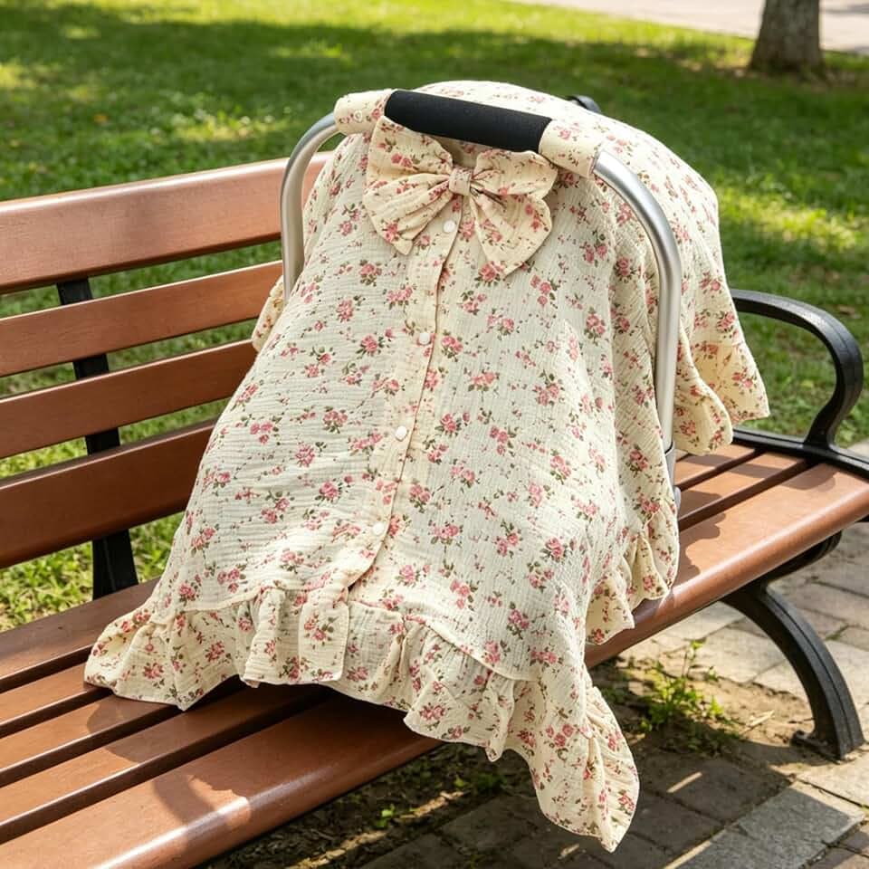 Muslin Baby Car Seat Cover, Handmade Infant Car Seat Cover with Cute Bow & Ruffle Hem Design, Multi-Use Carseat Canopy for Privacy Nursing, Summer Baby Carrier Cover Stroller Sun Protector