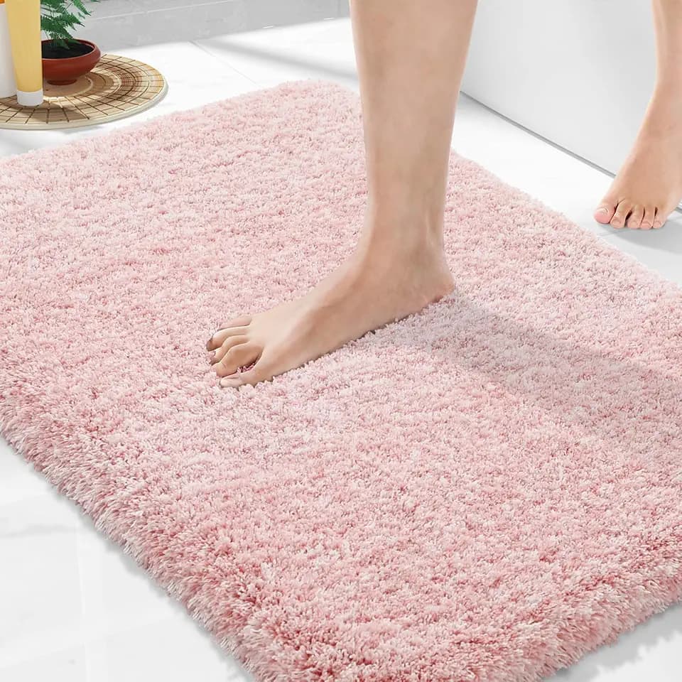 Yimobra Pink&White Bathroom Rugs Non Slip Washable 32x20, Plush Bath Mat