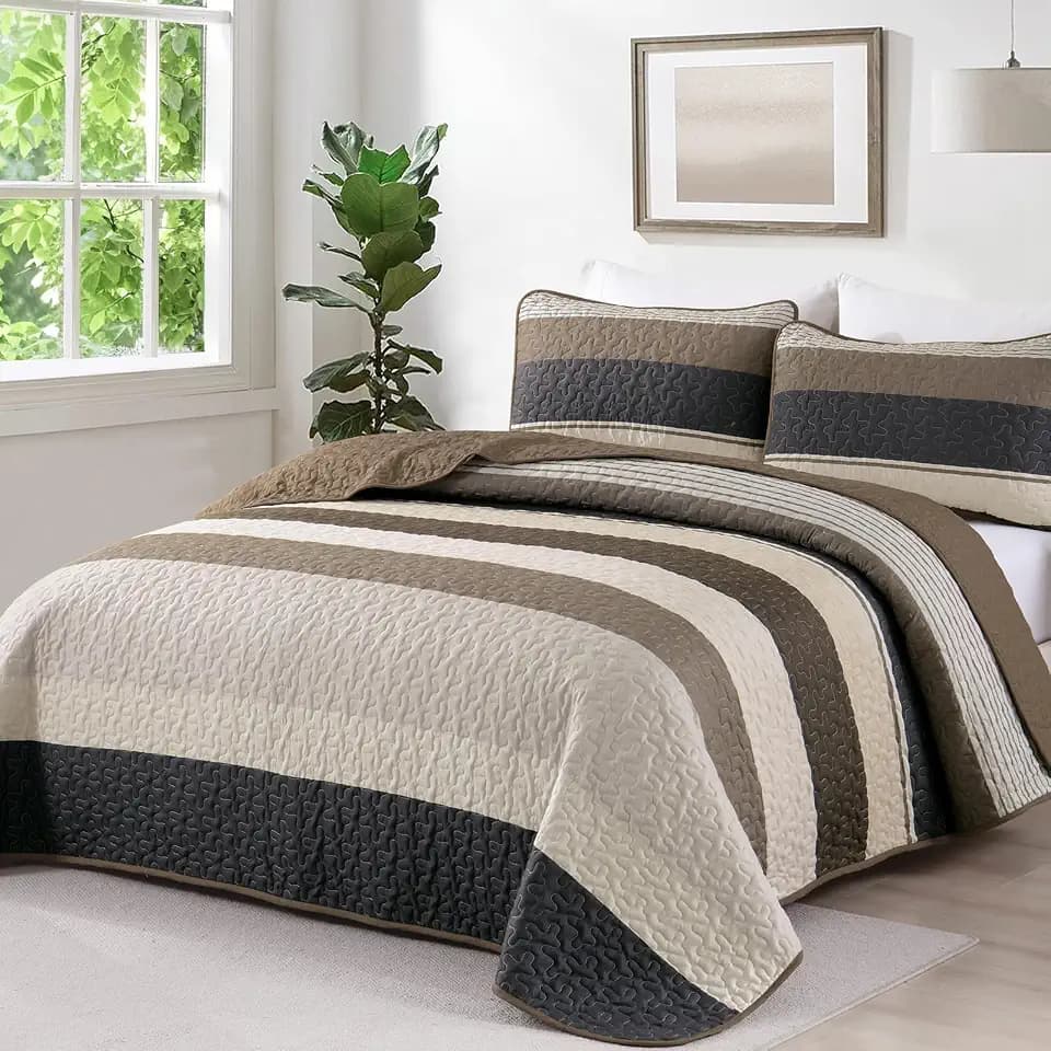Dinjoy Queen Boho Striped Quilt Set, Balck White Lightweight Bedspread