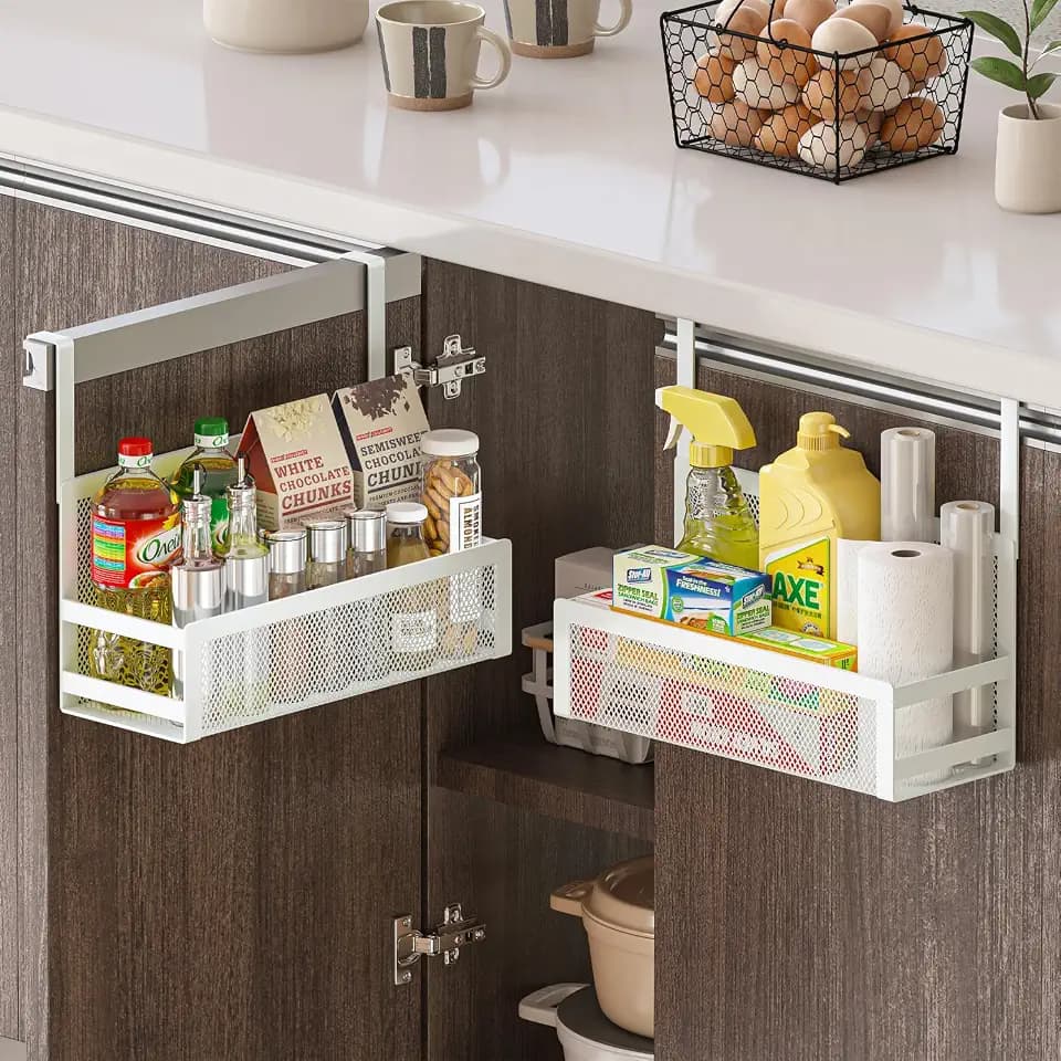 Hanging Kitchen Baskets Fine Mesh Wire Storage Basket Over Cabinet Door Organizer No Drilling Required for Kitchen Bathroom Office, 2 Smalls, White.