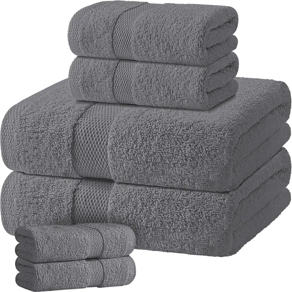 Gray Bath Towel Set of 6 - 100% Cotton Highly Absorbent Towels for Bathroom, 2 Luxury Bath Towels 650GSM, 2 Hand Towels, 2 Washcloths