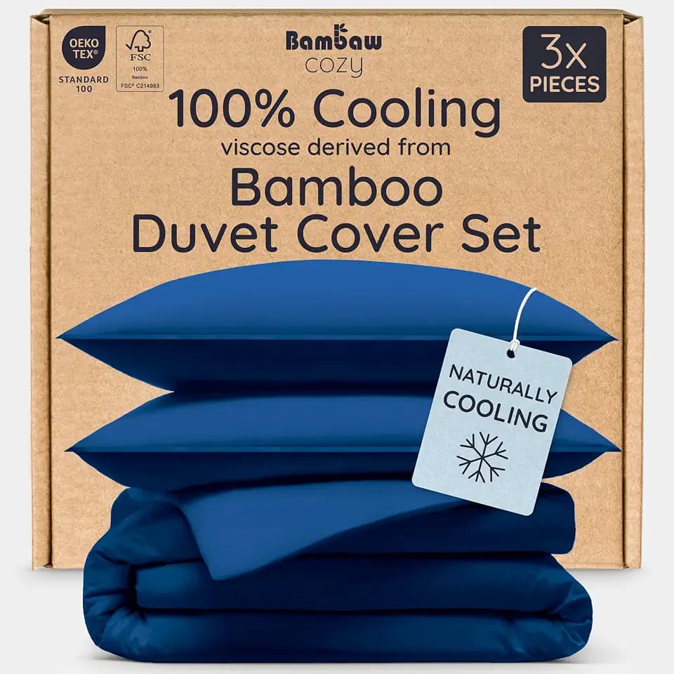 Bambaw Queen Size Duvet Cover Set 3pcs 100% Viscose Derived from Bamboo, Cooling, Super Soft Bedding Set, Luxury, No Comforter (Navy Blue)