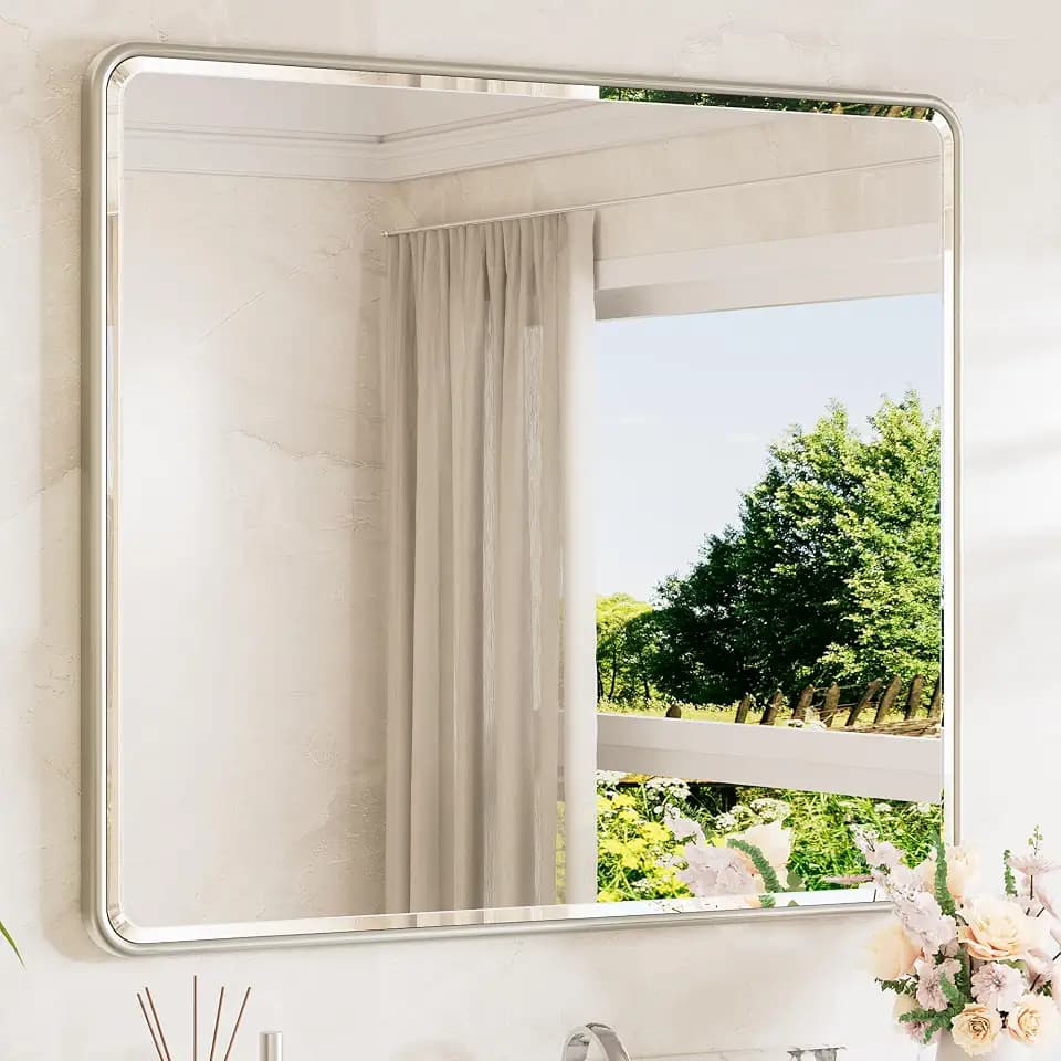 TETOTE Brushed Nickel Mirrors for Over Sink 42 x 36 Beveled Edge Tempered Glass, Rounded Corner Rectangle Framed Mirror for Modern Bathroom, Living Room, Bedroom, Entryway