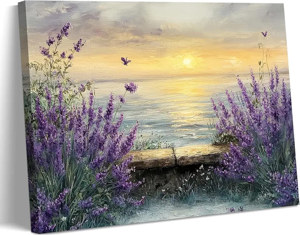 Tertiosh Coastal Sunset Lavender Canvas Wall Art Still Life Seascape Wall Decor Picture Floral Print Beach Theme Painting Artwork for Modern home decoration for living room and bedroom 12x16in